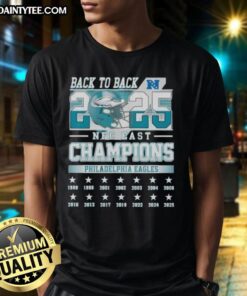 Awesome Philadelphia Eagles NFC East Champions Back to Back 2025 T-Shirt featuring team logo and vibrant design.