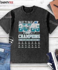 Alt Text: Awesome Philadelphia Eagles Football NFC East Champions Back-to-Back 2025 Washed T-Shirt displayed on a hanger.