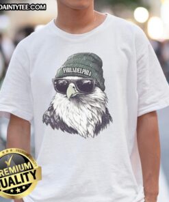 Alt Text: Awesome Philadelphia Eagles mascot wearing a beanie and sunglasses on a fun T-shirt design for fans.