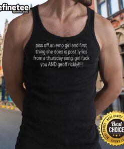 Emo girl wearing a tank top, posting lyrics from a Thursday song, showcasing her unique style and attitude.