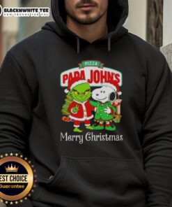 Awesome pizza-themed Papa John's hoodie featuring Grinch and Snoopy for a Merry Christmas celebration.