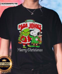 Alt Text: Ladies' tee featuring Papa John's Grinch and Snoopy designs for a Merry Christmas pizza celebration.