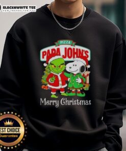 Awesome Pizza Papa John's Grinch and Snoopy Merry Christmas sweatshirt featuring festive designs and vibrant colors.