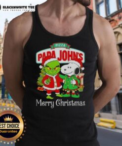 Awesome pizza-themed tank top featuring Grinch and Snoopy for a Merry Christmas celebration by Papa John's.