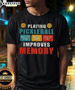 Awesome vintage t-shirt featuring Playing Pickleball Improves Memory slogan, perfect for pickleball enthusiasts.