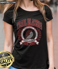 Portland Trail Blazers logo in a laurel wreath frame on a retro ladies tee, perfect for basketball fans and stylish apparel.