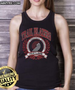 Retro Portland Trail Blazers logo in laurel wreath frame on a stylish tank top, perfect for NBA fans.