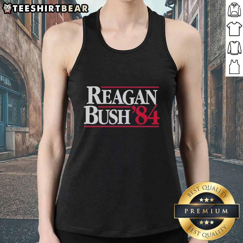awesome-ronald-reagan-and-bush-1984-tank-top Alt Text: Vintage 1984 tank top featuring awesome Ronald Reagan and George Bush graphics, perfect for retro political fans.