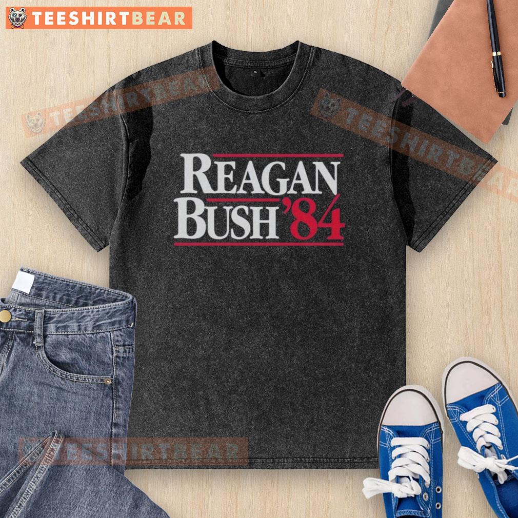 awesome-ronald-reagan-and-bush-1984-washed-t-shirt Awesome Ronald Reagan and Bush 1984 washed t-shirt featuring iconic vintage design celebrating the presidential election.