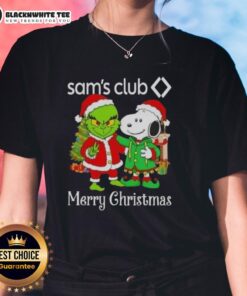 Alt Text: Awesome Sam's Club X Grinch and Snoopy Merry Christmas Ladies Tee featuring festive graphics for holiday cheer.