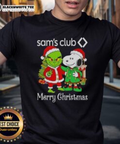 Alt Text: Awesome Sam's Club X Grinch and Snoopy Merry Christmas T-Shirt featuring festive designs for holiday fun.