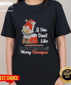 Awesome Santa butt graphic on a ladies tee with 'Merry Kissmyass Christmas' for Cincinnati Bengals fans.