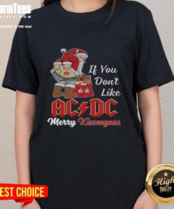 Awesome Santa Claus graphic on a Merry Kiss My Ass Christmas ladies tee, perfect for AC/DC fans celebrating the holidays.