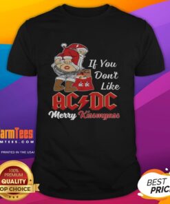 Awesome Santa Claus in AC/DC themed Merry Kissmyass Christmas T-Shirt, perfect for festive rock music lovers.