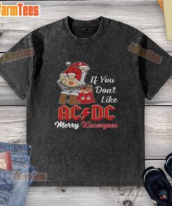 Awesome Santa Claus graphic on a washed t-shirt with AC/DC theme, perfect for a Merry Kiss My Ass Christmas.
