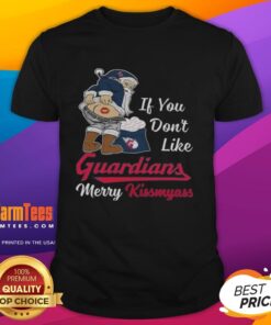 Alt Text: Awesome Santa Claus graphic on a Merry Kissmyass Christmas T-shirt for Cleveland Guardians fans.