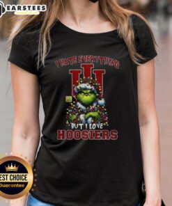 Awesome Santa Grinch tee for ladies, featuring 'I Hate Everything But I Love Indiana Hoosiers' for a Merry Christmas.