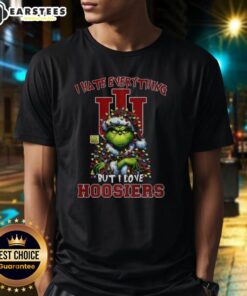 Awesome Santa Grinch T-Shirt design with 'I Hate Everything But I Love Indiana Hoosiers Merry Christmas' text.