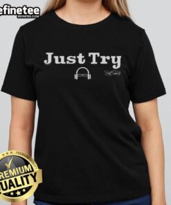 Awesome Scott Van Pelt Podcast Just Try signature logo on a stylish ladies tee, perfect for fans and podcast lovers.