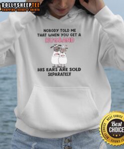 Alt Text: Cozy hoodie featuring a funny sheep graphic and the phrase about husbands' ears being sold separately.