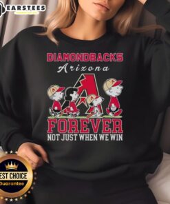 Alt Text: Snoopy and Charlie Brown on Arizona Diamondbacks sweatshirt, celebrating baseball forever, not just when we win.