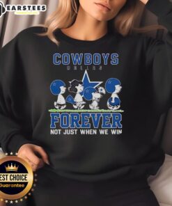 Alt Text: Snoopy and Charlie Brown in Dallas Cowboys sweatshirt, celebrating team spirit with Forever, Not Just When We Win slogan.