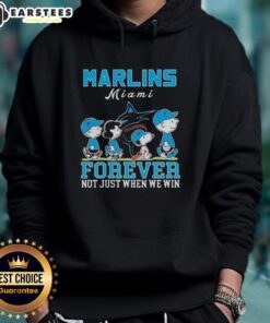 Alt Text: Awesome Snoopy and Charlie Brown Miami Marlins baseball hoodie, celebrating fandom forever, not just during wins.