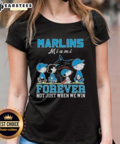 Alt Text: Awesome Snoopy and Charlie Brown Miami Marlins baseball tee for ladies, showcasing team spirit and love for the game.