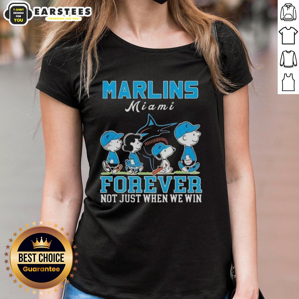 awesome-snoopy-and-charlie-brown-miami-marlins-baseball-forever-not-just-when-we-win-ladies-tee Alt Text: Awesome Snoopy and Charlie Brown Miami Marlins baseball tee for ladies, showcasing team spirit and love for the game.