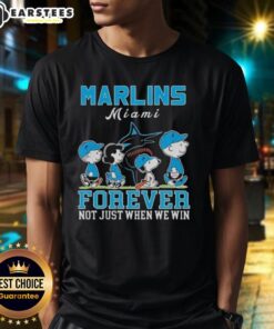 Awesome Snoopy and Charlie Brown Miami Marlins Baseball Forever T-Shirt design featuring fun cartoon graphics.
