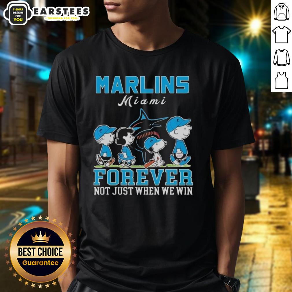 awesome-snoopy-and-charlie-brown-miami-marlins-baseball-forever-not-just-when-we-win-t-shirt Awesome Snoopy and Charlie Brown Miami Marlins Baseball Forever T-Shirt design featuring fun cartoon graphics.