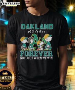 Alt Text: Awesome Snoopy and Charlie Brown Oakland Athletics Baseball Forever T-Shirt celebrating A's fandom and spirit.