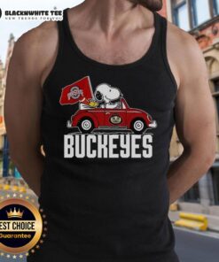 Awesome Snoopy and Woodstock driving a car, wearing Ohio State Buckeyes flag tank top, perfect for fans and summer fun.