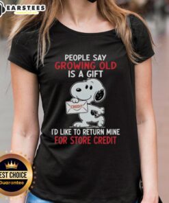 Alt Text: Funny Snoopy graphic tee for ladies with quote about growing old, perfect for playful and humorous fashion lovers.