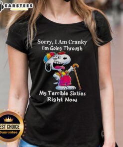 Alt Text: Awesome Snoopy tee for ladies featuring 'Sorry, I Am Cranky, Going Through My Terrible Sixties' design.