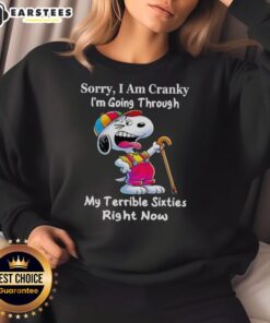 Alt Text: Awesome Snoopy sweatshirt featuring 'Sorry I Am Cranky, I'm Going Through My Terrible Sixties' design.