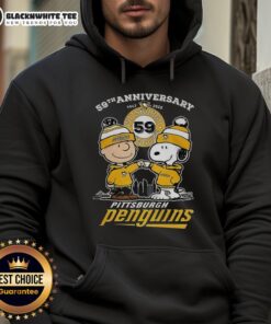 Alt Text: Awesome Snoopy Touch Hands Charlie Brown hoodie celebrating Pittsburgh Penguins 59th Anniversary 1967-2026.
