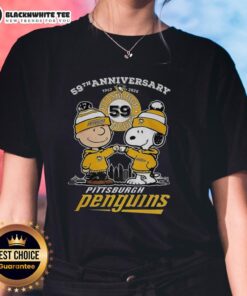 Alt Text: Awesome Snoopy Touch Hands Charlie Brown Pittsburgh Penguins 59th Anniversary 1967-2026 Ladies Tee shirt design