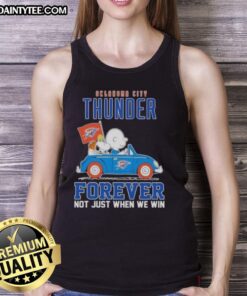 Awesome Snoopy and Charlie Brown driving a car in Oklahoma City Thunder tank top, celebrating team spirit and friendship.