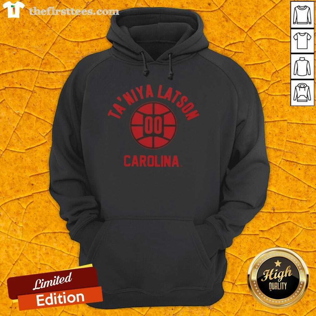 awesome-south-carolina-basketball-taniya-latson-name-pose-hoodie Alt Text: Taniya Latson wearing an Awesome South Carolina Basketball hoodie, striking a confident pose on the court.