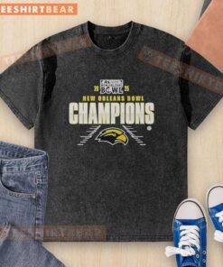 Alt Text: 2025 New Orleans Bowl Champions t-shirt featuring Southern Miss Golden Eagles logo in a stylish washed design.