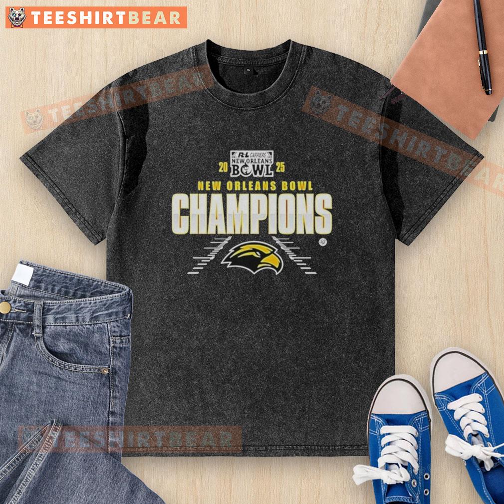 awesome-southern-miss-golden-eagles-new-orleans-bowl-champions-2025-washed-t-shirt Alt Text: 2025 New Orleans Bowl Champions t-shirt featuring Southern Miss Golden Eagles logo in a stylish washed design.