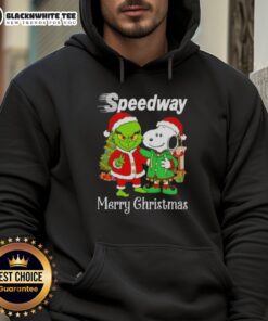 Awesome Speedway X Grinch and Snoopy Merry Christmas Hoodie featuring festive designs for holiday cheer.