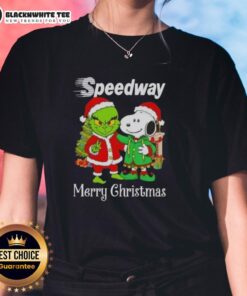 Alt Text: Awesome Speedway X Grinch and Snoopy Merry Christmas ladies tee featuring festive graphics and a playful design.