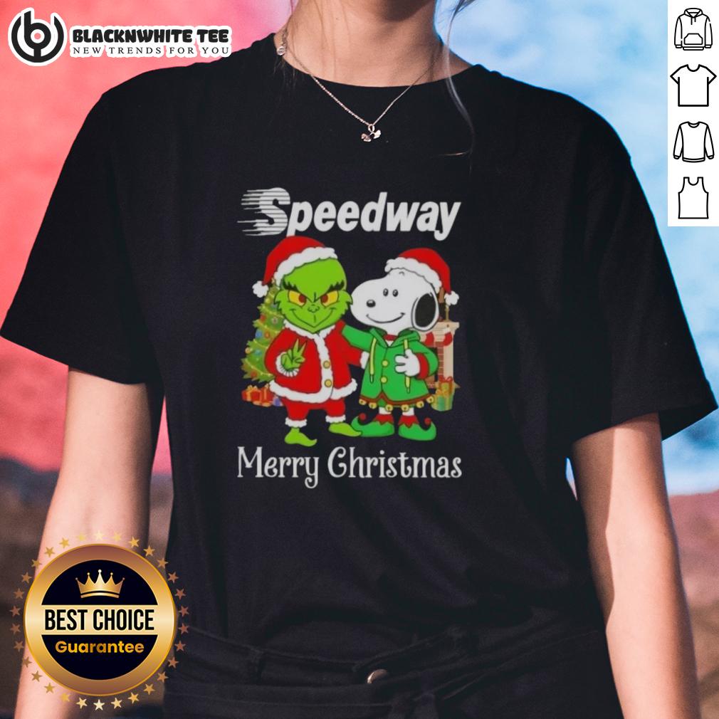 Awesome Speedway X Grinch And Snoopy Merry Christmas Ladies Tee Alt Text: Awesome Speedway X Grinch and Snoopy Merry Christmas ladies tee featuring festive graphics and a playful design.