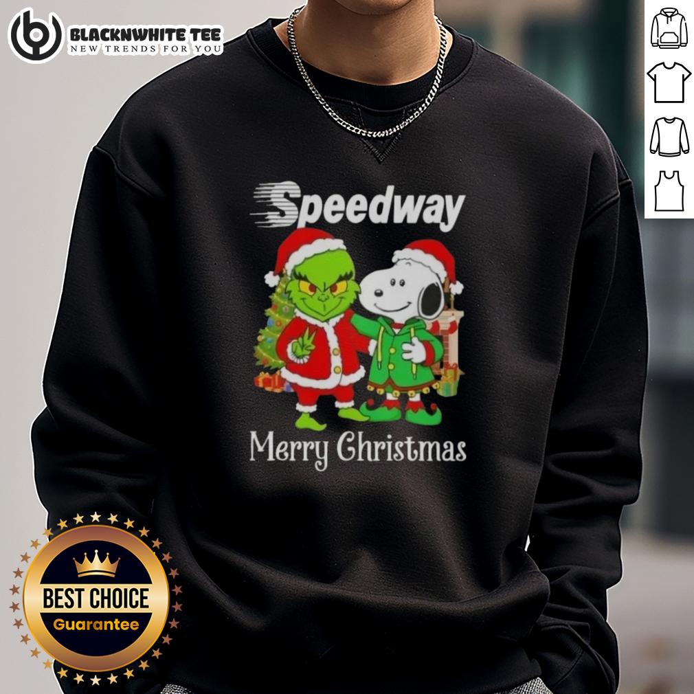Awesome Speedway X Grinch And Snoopy Merry Christmas Sweatshirt Alt Text: Awesome Speedway X Grinch and Snoopy Merry Christmas sweatshirt featuring festive designs for holiday cheer.