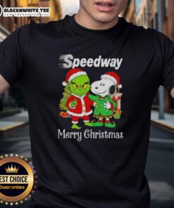 Awesome Speedway X Grinch and Snoopy Merry Christmas T-Shirt featuring festive designs of Grinch and Snoopy.