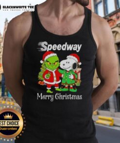 Awesome Speedway X Grinch and Snoopy Merry Christmas tank top featuring festive graphics for holiday celebrations.