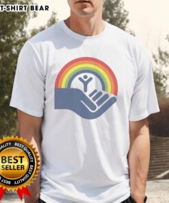 Awesome Step Brothers Brennan Huff wearing a United Way rainbow t-shirt, showcasing vibrant colors and a fun design.