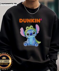 Awesome Stitch cosplay featuring a Crocodile and Dunkin' Donuts sweatshirt, perfect for fans of Disney and unique fashion.